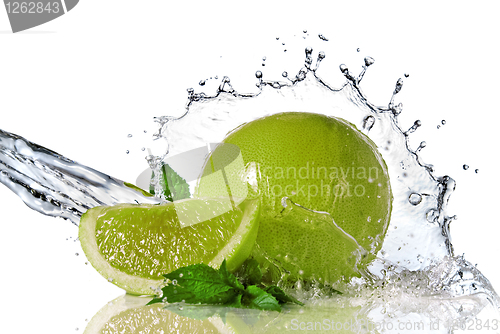Image of Water splash on lime with mint isolated on white