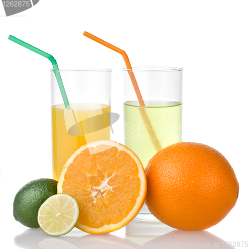 Image of lime and orange juice with orange isolated on white