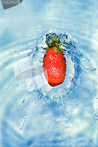 Image of Fresh strawberry dropped into blue water with splash