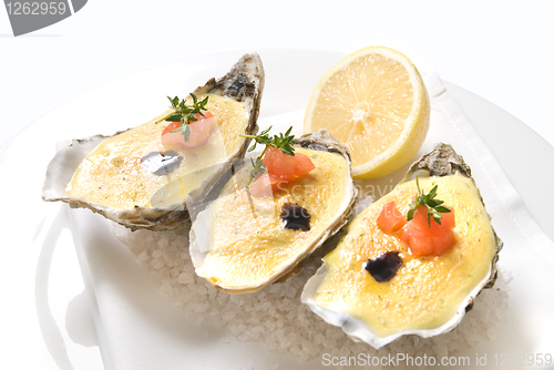 Image of oysters with sauce and lemon on plate