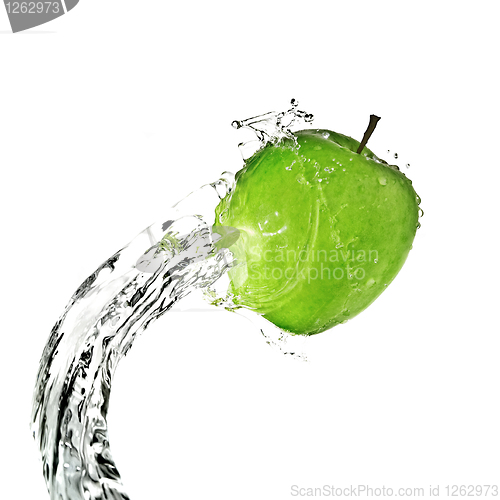 Image of fresh water splash on green apple isolated on white