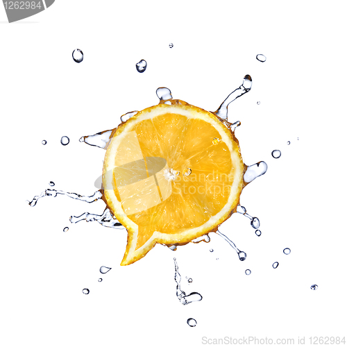 Image of Orange in shape of dialog box with water drops isolated on white
