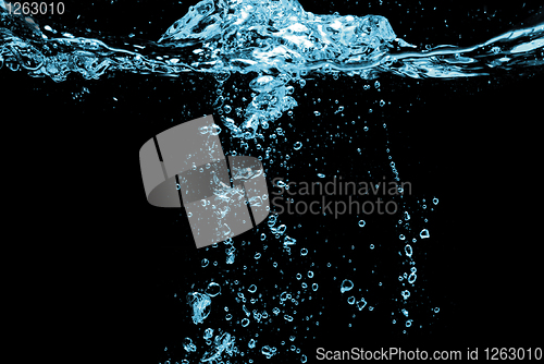 Image of water splash with bubbles isolated on black