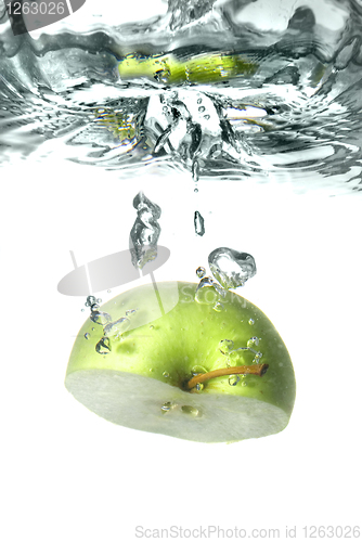 Image of green apple dropped into water with splash isolated on white