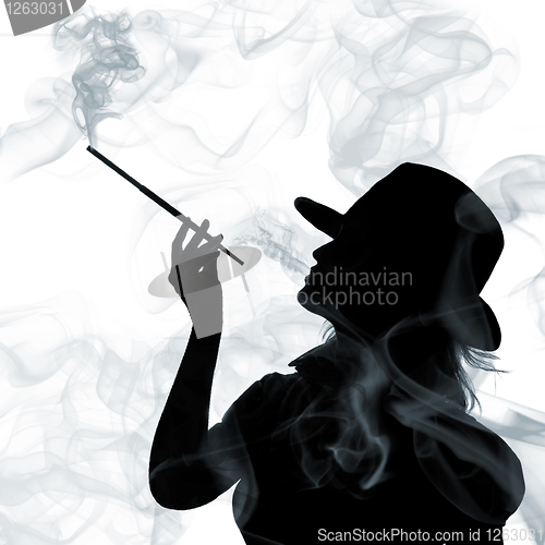 Image of silhouette of smoking woman isolated on a white background