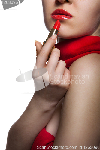Image of beautiful woman with red lips and lipstick isolated on white 