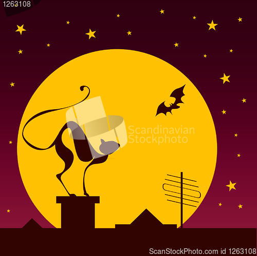 Image of silhouettes of black cat and bat against moon in halloween night