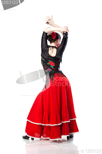 Image of young woman dancing flamenco from back isolated on white