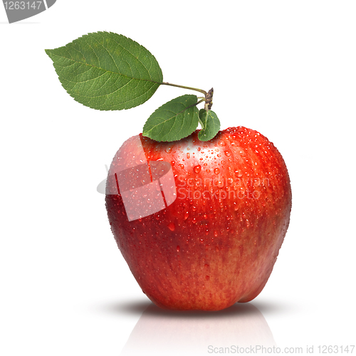 Image of red apple with leaves and water drops isolated on white