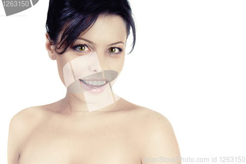 Image of portrait of young beautiful happy woman in high key isolated on 