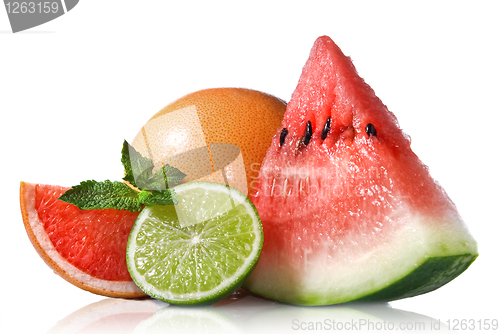 Image of Watermelon, grapefruit and lime with mint isolated on white