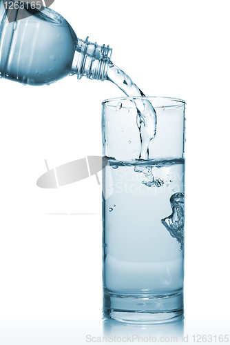 Image of water pouring into glass from bottle isolated on white