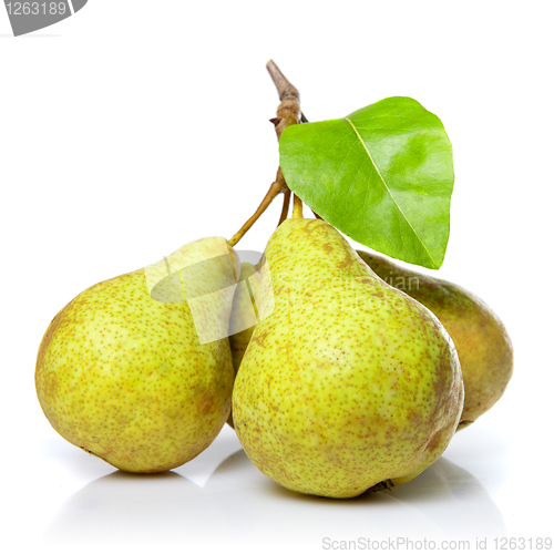 Image of yellow pears with leaf isolated on white
