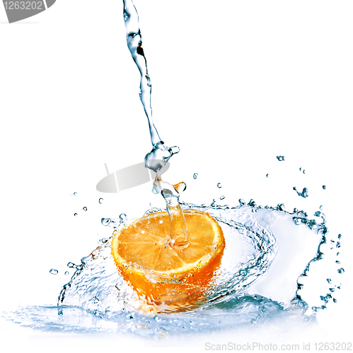 Image of fresh water drops on orange isolated on white