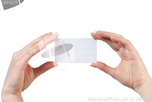 Image of Woman hand holding empty visiting card isolated on white