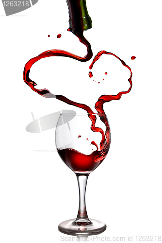 Image of Red wine pouring in goblet from bottle in shape of heart