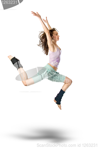 Image of jumping young dancer isolated on white background