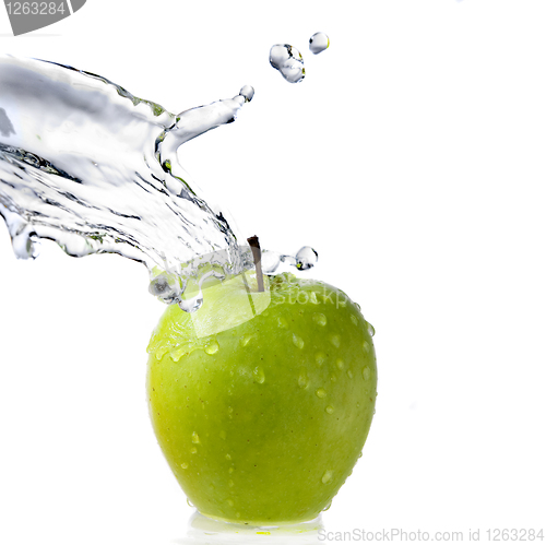 Image of fresh water splash on green apple isolated on white