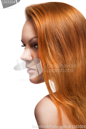 Image of Portrait of red hair beautiful woman on white