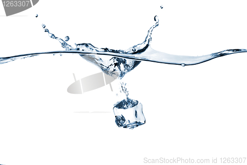 Image of ice cube dropped into water with splash isolated on white