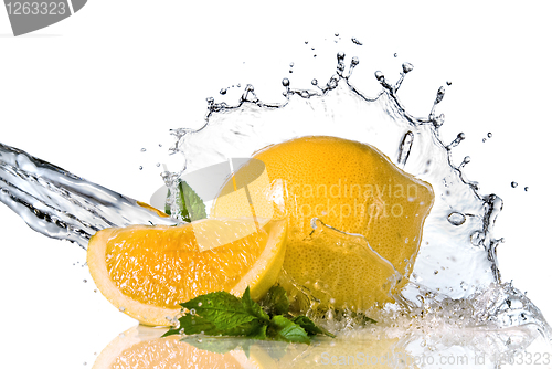 Image of Water splash on lemon with mint isolated on white