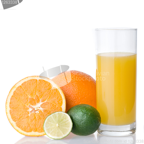 Image of orange juice and orange with lime isolated on white