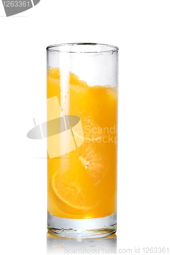 Image of orange juice with slices of orange in the glass isolated on whit
