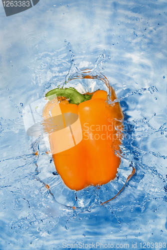 Image of Yellow pepper dropped into water with bubbles isolated on white
