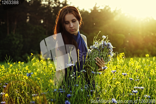 Image of Girl gathering flowers on sunset