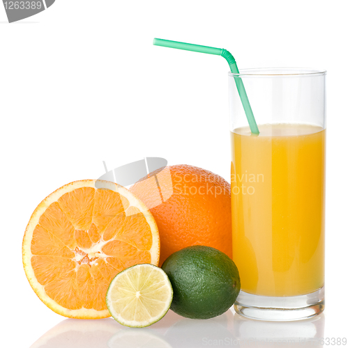 Image of orange juice with straw and orange, lime isolated on white