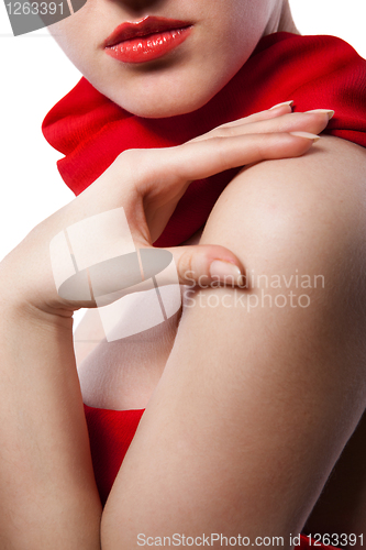 Image of attractive woman with red scarf isolated on white