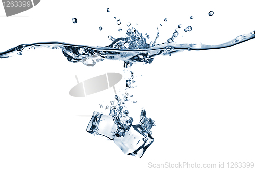 Image of ice cubes dropped into water with splash isolated on white