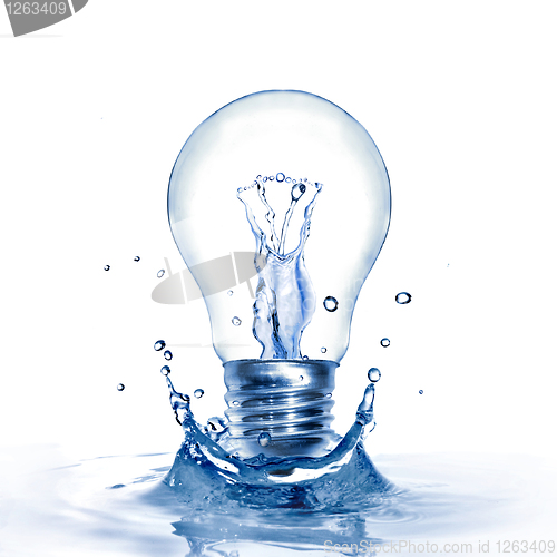 Image of Energy concept. Light bulb with water and splash isolated on whi
