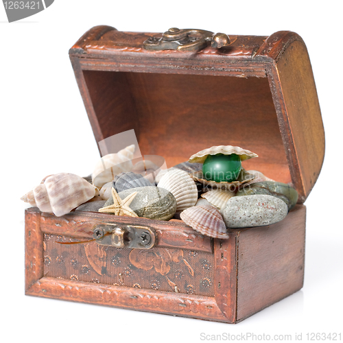 Image of wooden chest with pearl isolated on white