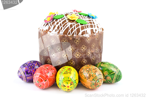 Image of easter eggs and cake isolated on white