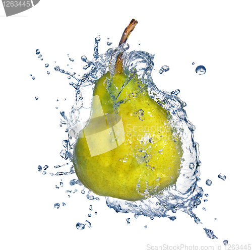 Image of yellow pear with water splash isolated on white