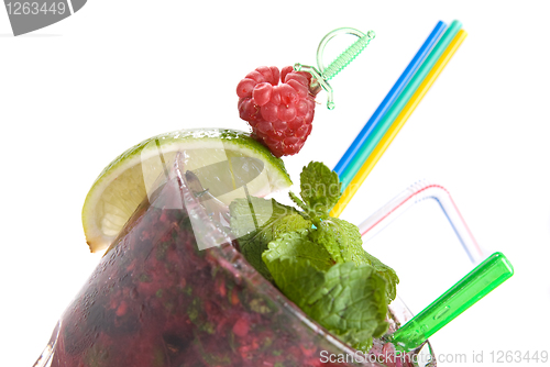 Image of Energy mohito with mint, lime and raspberry isolated on white