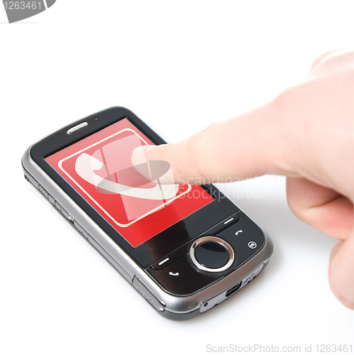 Image of finger and pda with touch screen isolated on white