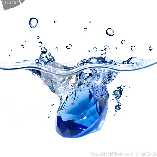 Image of blue gem falling into water with splash isolated on white
