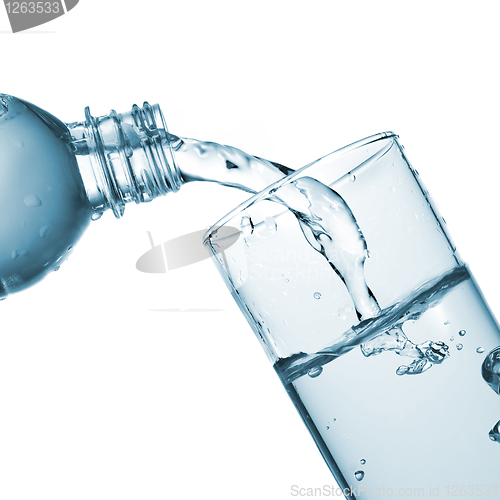 Image of water pouring into glass from bottle isolated on white