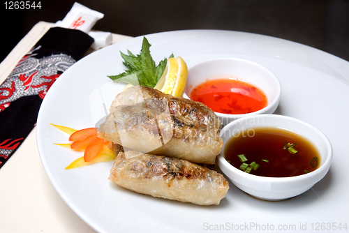 Image of chinese rolls with meat on the plate