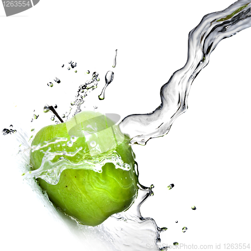 Image of fresh water splash on green apple isolated on white