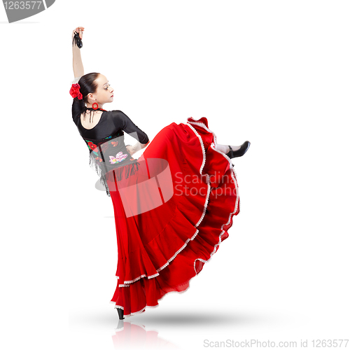 Image of young woman dancing flamenco from back isolated on white