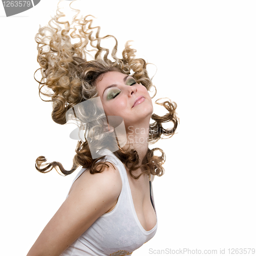 Image of photo of sexy attractive blond with hair in air isolated on whit