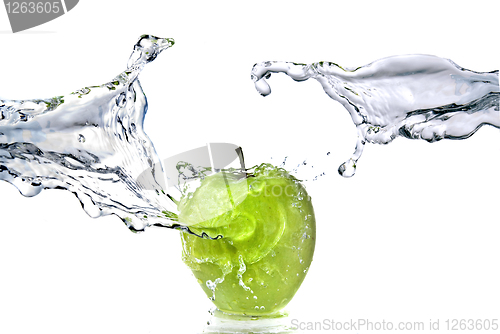 Image of perfect fresh water splash on green apple isolated on white