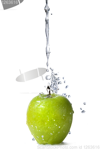 Image of fresh water splash on green apple isolated on white
