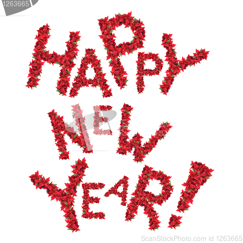 Image of Happy new year greeting from red christmas flowers isolated on w