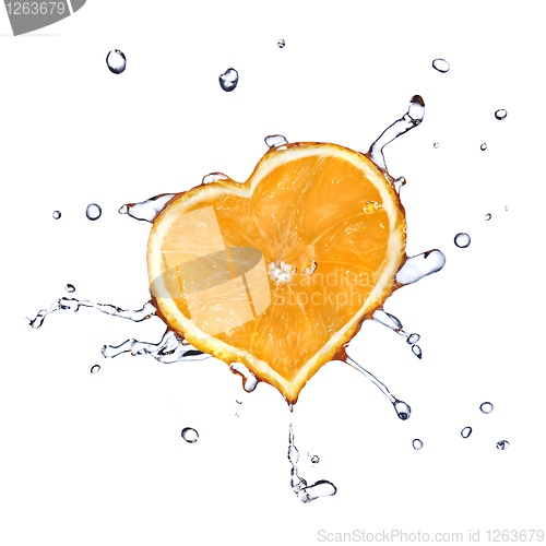 Image of water drops on heart from orange isolated on white