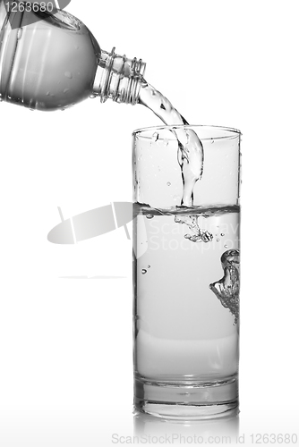 Image of water pouring into glass from bottle isolated on white