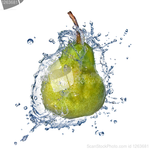 Image of green pear with water splash isolated on white